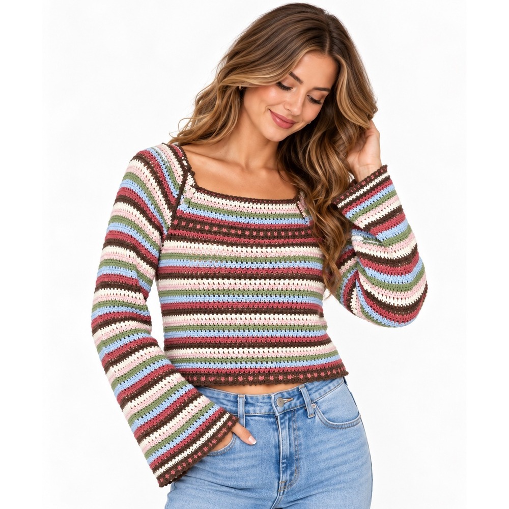 Altar'd State Crochet Striped Cropped Sweater Medium Square Neck Bell Sleeve